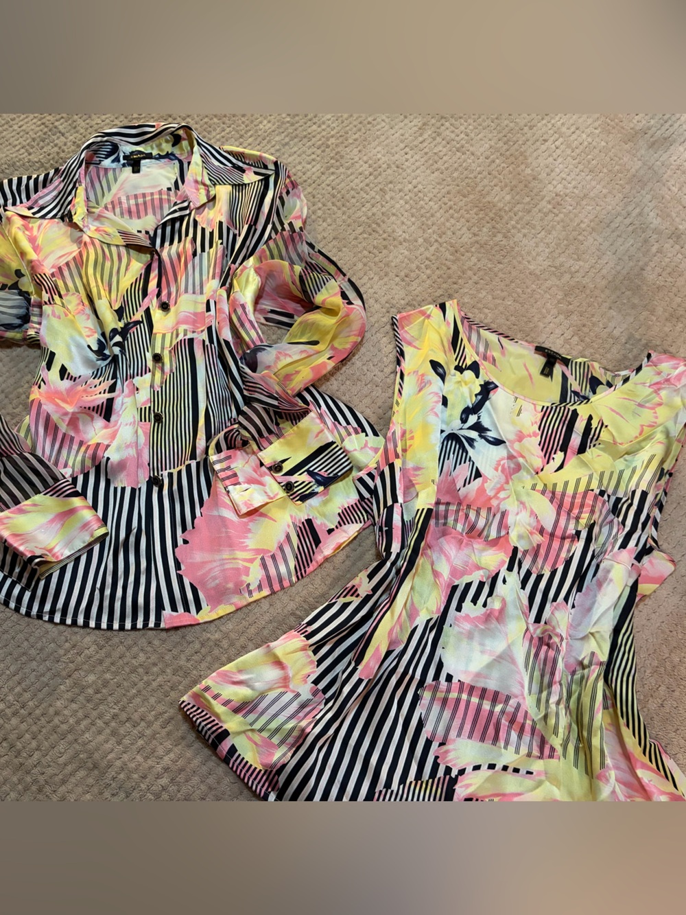 Escada Multicolor Floral Stripe Button-Down Shirt